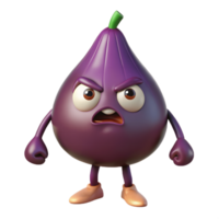 3D Cartoon Fig Character with Angry Expression, Funny Animated Style Isolated on Transparent Background png
