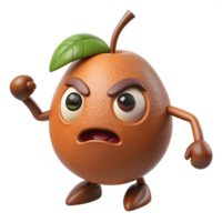 3D Cartoon Sapodilla Character with Angry Expression, Funny Animated Style Isolated on Transparent Background png