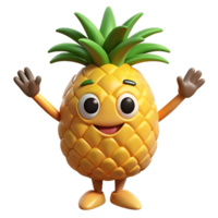 3D Cartoon pineapple Character with smiling Expression, Funny Animated Style Isolated on Transparent Background png