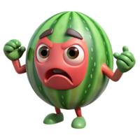 3D Cartoon watermelon Character with Angry Expression, Funny Animated Style Isolated on Transparent Background png