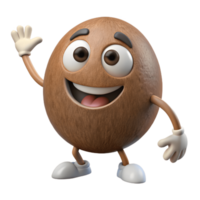 3D Cartoon coconut Character with smiling Expression, Funny Animated Style Isolated on Transparent Background png