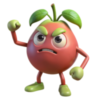 3D Cartoon guava Character with Angry Expression, Funny Animated Style Isolated on Transparent Background png