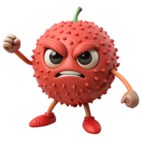 3D Cartoon litchi Character with Angry Expression, Funny Animated Style Isolated on Transparent Background png