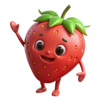 3D Cartoon strawberry Character with smiling Expression, Funny Animated Style Isolated on Transparent Background png