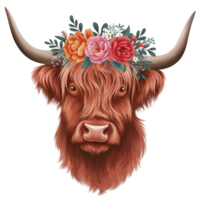 Highland cow with long horns png