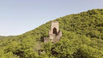 Aerial close up view Chekili Tower. Hidden Medieval Outpost in Kakheti, Georgia.Solitary tower once served as a strategic lookout, guarding key routes through the region video