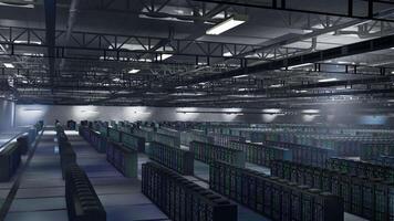 Data center mainframes delivering high tech computing resources for AI to process training datasets. Server farm equipment storing data used in deep learning, aerial shot video