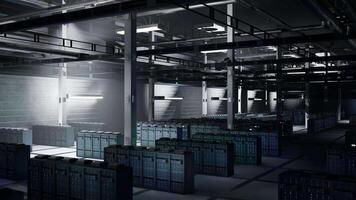 Server clusters equipment in dark data center maintaining datasets crucial to AI applications. Supercomputers in server hub supplying scalable computing power required for simulations and AI video