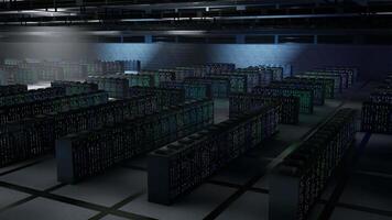 Server cabinets in dimly lit data center maintaining datasets crucial to AI applications, aerial shot. Rackmounts in server farm supplying scalable computing power required for simulations and AI video