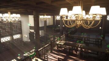 Empty vintage library interior with two story wooden architecture, chandeliers, study tables and classic green lamps, illuminated by soft natural light filtering through large windows, panning shot video