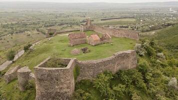 Aerial Manavi Fortress Complex. A Medieval Royal Stronghold. Strategic Hilltop Citadel Overlooking Iori Valley in Kakheti, Georgia. Hidden gem sightseeing off the beaten path attraction. video