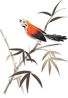 Digital Painting of a sparrow on bamboo branch, Inspired by Chinese Ink Brush-Stroke Style vector