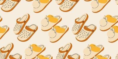 Seamless pattern with different summer cute beach slippers. Endless texture with fashionable and stylish home shoes for print. Colored flat illustration. vector