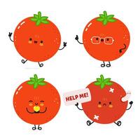 Four cheerful Tomato characters with various expressions, perfect for playful designs and concepts. vector