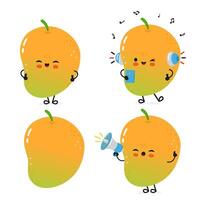A cute cartoon Mango character with funny expressions listening to music and using a megaphone. vector