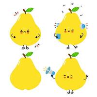 Charming pear character collection expressing varied emotions and enjoying music and communication activities. vector