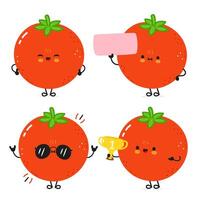 Four adorable cartoon Tomatoes displaying different expressions with props on a white background. vector