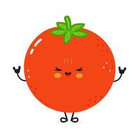Charming cartoon tomato with arms up in a rock and roll sign against a clean, white background. vector