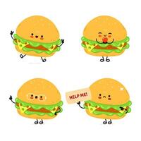 A set of four cartoon Burgers with different expressions, creating a fun, friendly scene. vector