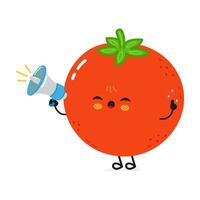 A smiling cartoon Tomato with a megaphone making an announcement with expressive eyes on white. vector