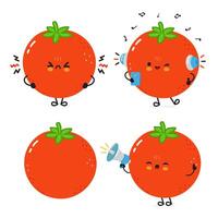 A set of four cartoon Tomatoes expressing different emotions with a loudspeaker and music notes. vector