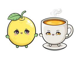 A friendly Lemon and a Tea Cup are depicted with kawaii-style faces and cheerful expressions. vector