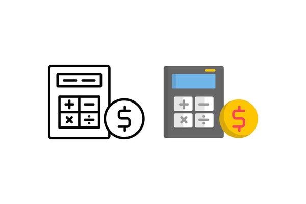 Calculator flat and line icons and dollar sign. financial calculations, budgeting, accounting, savings, taxes, business planning, income analysis, cost estimation illustrations.