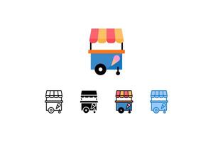 This illustration features a cute and vibrant set of ice cream cart icons in different styles, ideal for food-related design or summer-themed graphics. Perfect for website elements, or printable. vector