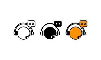 This simple customer service icon set depicts a customer service representative wearing a headset and a speech bubble. vector
