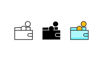 This set features a minimalist wallet with coins on it, presented in line art, solid black, and colored. Ideal for financial illustrations, and economic concept designs. vector