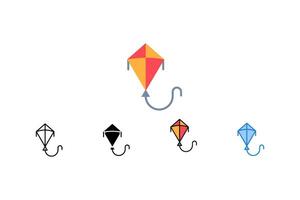 This colorful kite icon set presents a classic toy and symbol of fun and recreation. Available in flat, outline, solid fill, and color designs, perfect for illustrations, print, and web projects. vector