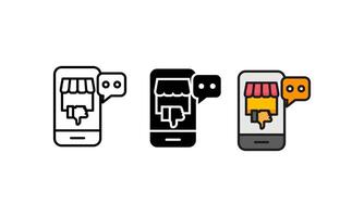 This icon depicts an online store on a mobile phone with a thumbs down indicating negative feedback. This icon represents customer reviews, digital commerce, user experience, vector