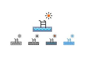 This illustration depicts a swimming pool with stairs,sparkling water,and the sun shining above it.The simple design of the icon makes it ideal for use in vacation guides and summer promotional vector