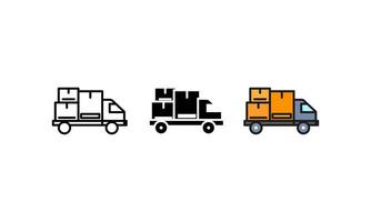 This image showcases a delivery truck icon loaded with boxes, rendered in outline, solid black, and color styles. Ideal for logistics, transportation, or e-commerce design projects. vector