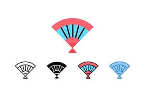 A set of icon illustrations showcases hand fans in various styles, perfect for Asian-themed designs, cultural projects. The designs include outline, filled, flat, and colored versions. vector