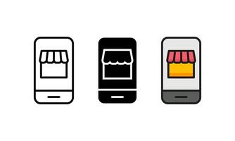 Three stylized icons depict mobile phones displaying a store front, representing online retail and e-commerce applications. vector