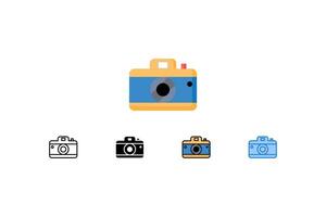 This icon set showcases a camera in various styles, perfect for representing photography, videography, or memories. Available in colorful, line art, or solid styles. vector