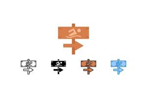 This icon depicts a person swimming, displayed on a wooden direction sign pointing to the right. It would be useful for tourism material, informational graphics, or health and fitness marketing. vector