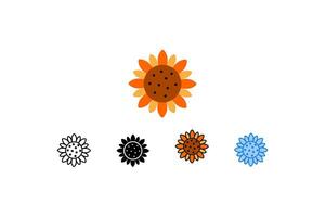 This image features sunflower icons in five different styles, suitable for use in a variety of summer-themed design projects. vector