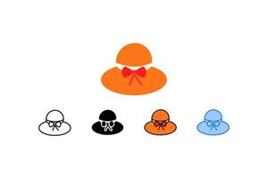 This set of icons features a sun hat design with a bow tie in various styles, including colored, black and white, and line art versions, perfect for summer, vacation, or fashion-related themes. vector