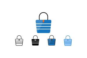 This set features four variations of beach bag icons, ranging from line art to solid and colored fill styles, ideal for summer travel and retail promotions. vector