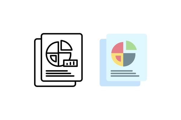 Flat and line icons showing stacked documents with pie charts, representing data analysis, business reports, financial summaries, or market research presentations.