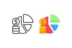 A collection of icons representing financial analysis, featuring pie charts and stacks of coins with dollar signs, symbolizing financial growth and investment data visualization. vector