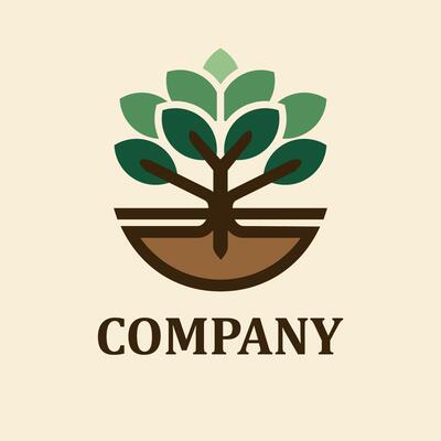Minimalist eco logo with a tree, roots, and soil symbolizing growth, sustainability, and nature. Ideal for green, organic, or environmentally friendly businesses.