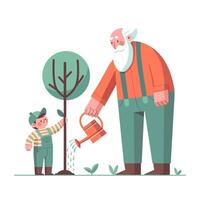 Grandfather and grandson planted a tree and watered it with water from a watering can. Flat style color illustration. vector