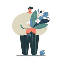 Man standing, full length, holding a bouquet of flowers in his hands. Color illustration in flat style. vector