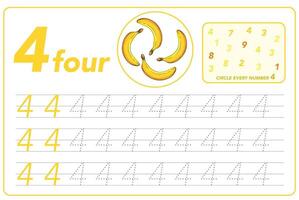 Kids card with numbers. Kids Learning Material. Learning numbers, tracing number practice worksheet for kids learning. Play cards for kids learning maths. Mathematics cards for children with fruits vector