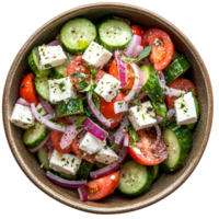 Close Up Of A Freshly Prepared Greek Salad With Colorful Vegetables And Feta Cheese On A Rustic Bowl With Transparent Background png