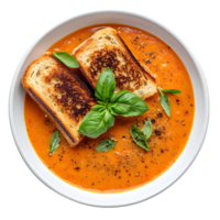 Tomato Soup with Grilled Cheese and Basil on a White Bowl with a Transparent Background png