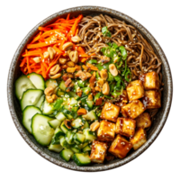 Overhead View of a Vegetarian Soba Noodle Bowl Featuring Tofu Carrots and Cucumbers Arranged with Garnishes on a Transparent Background png